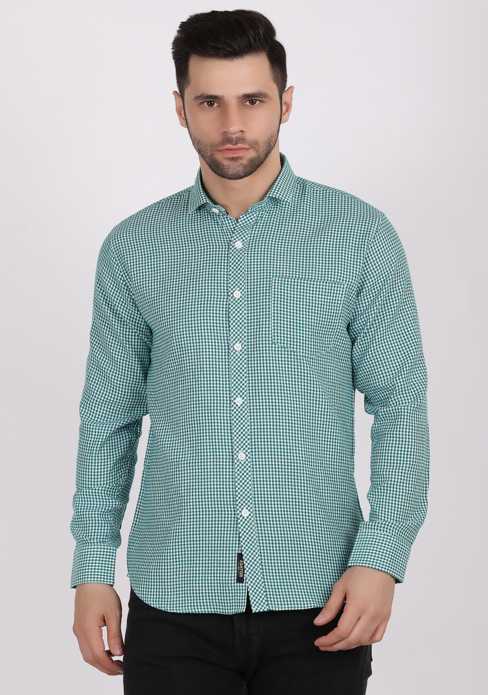 ASHTOM Green Color Small Check Shirt For Men