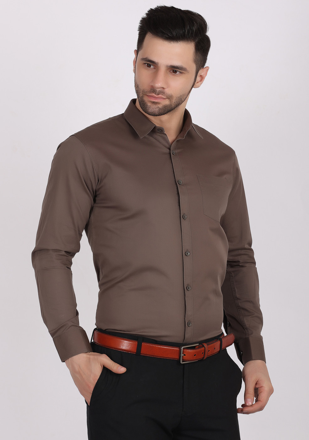 ASHTOM Dark Gray Plain Cotton Shirt For Men