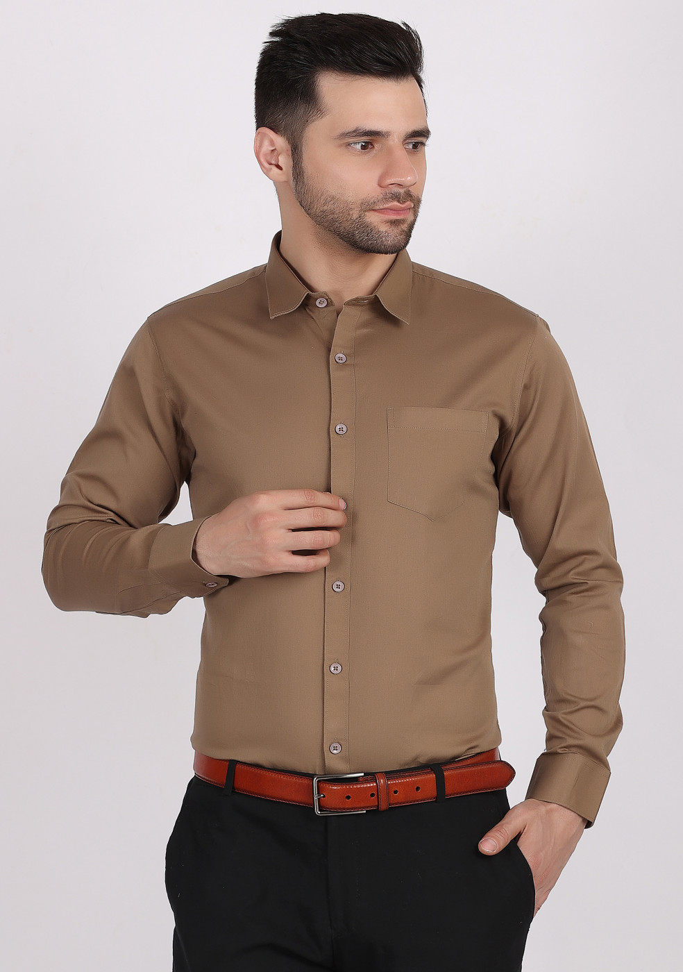 ASHTOM Khaki Plain Cotton Shirt For Men