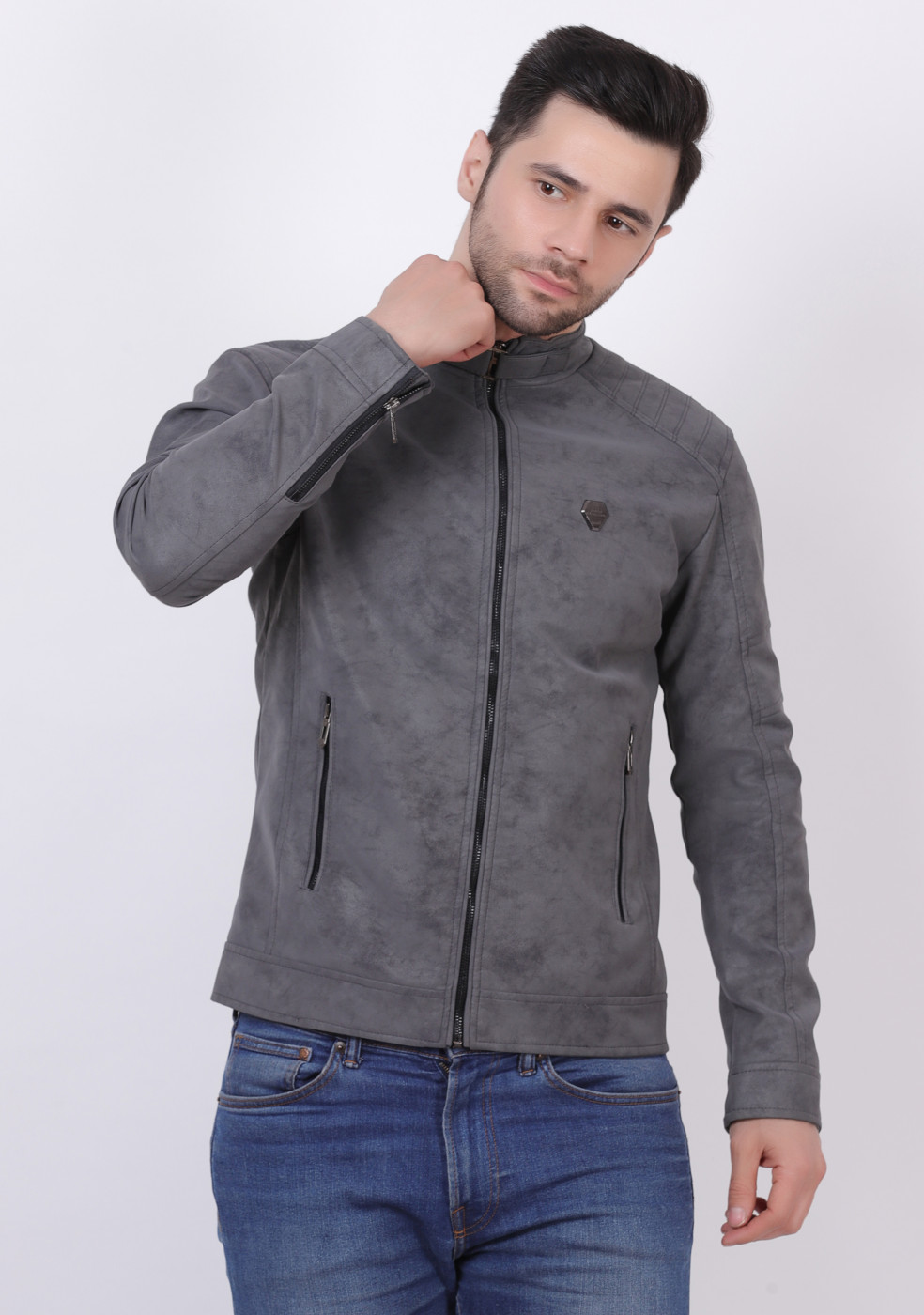Men Stylish Gray Lather Jacket