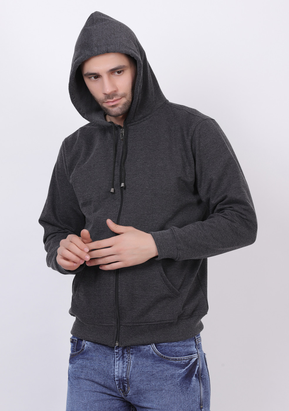Cotton Full Sleeve Gray Zipper Hoodie For Men