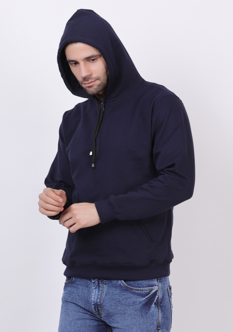 Cotton Full Sleeve Blue Half Zipper Hoodie For Men