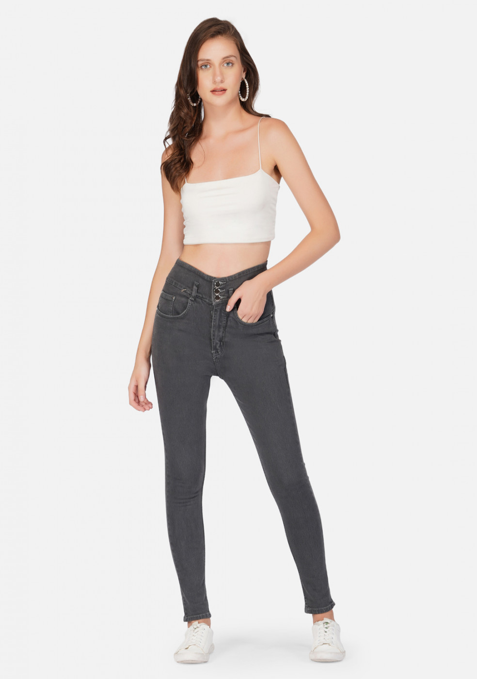 Gray Stretchable Cotton Jeans For Women