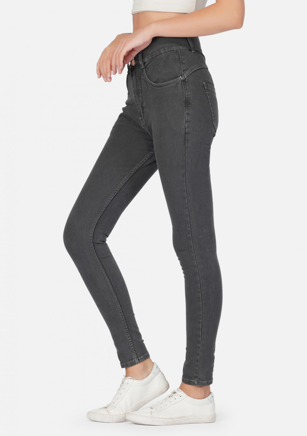 Gray Stretchable Cotton Jeans For Women
