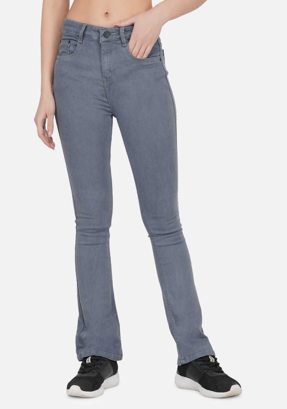 Stretchable Cotton Gray Color Jeans For Women