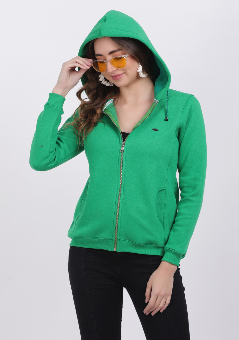 Women Green Full Sleeves Zipper Hoodies