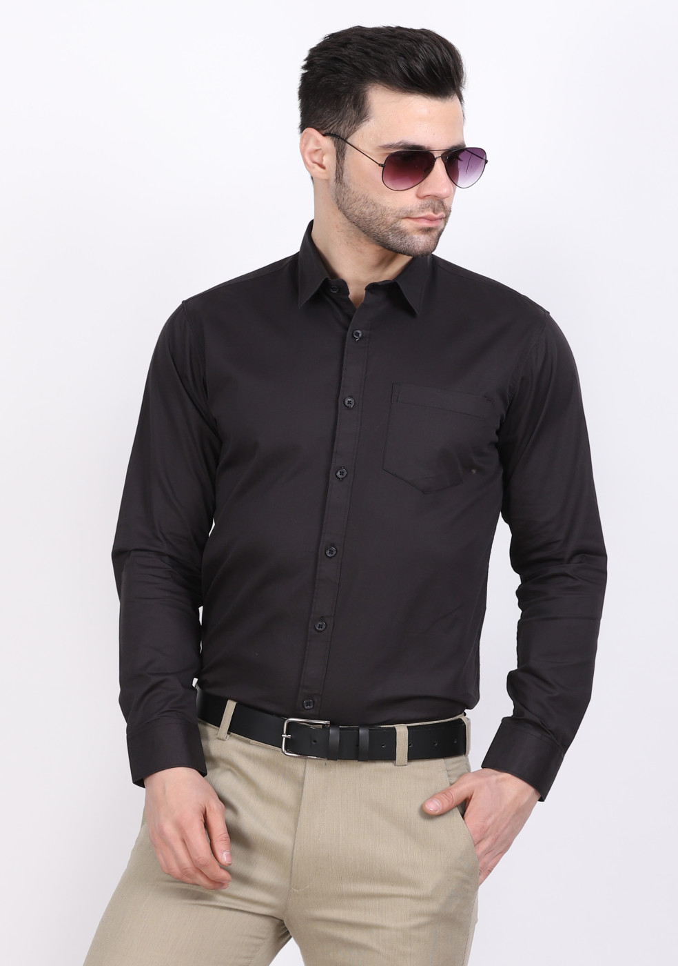 ASHTOM Jet Black Plain Formal 100% Cotton Shirt For Men