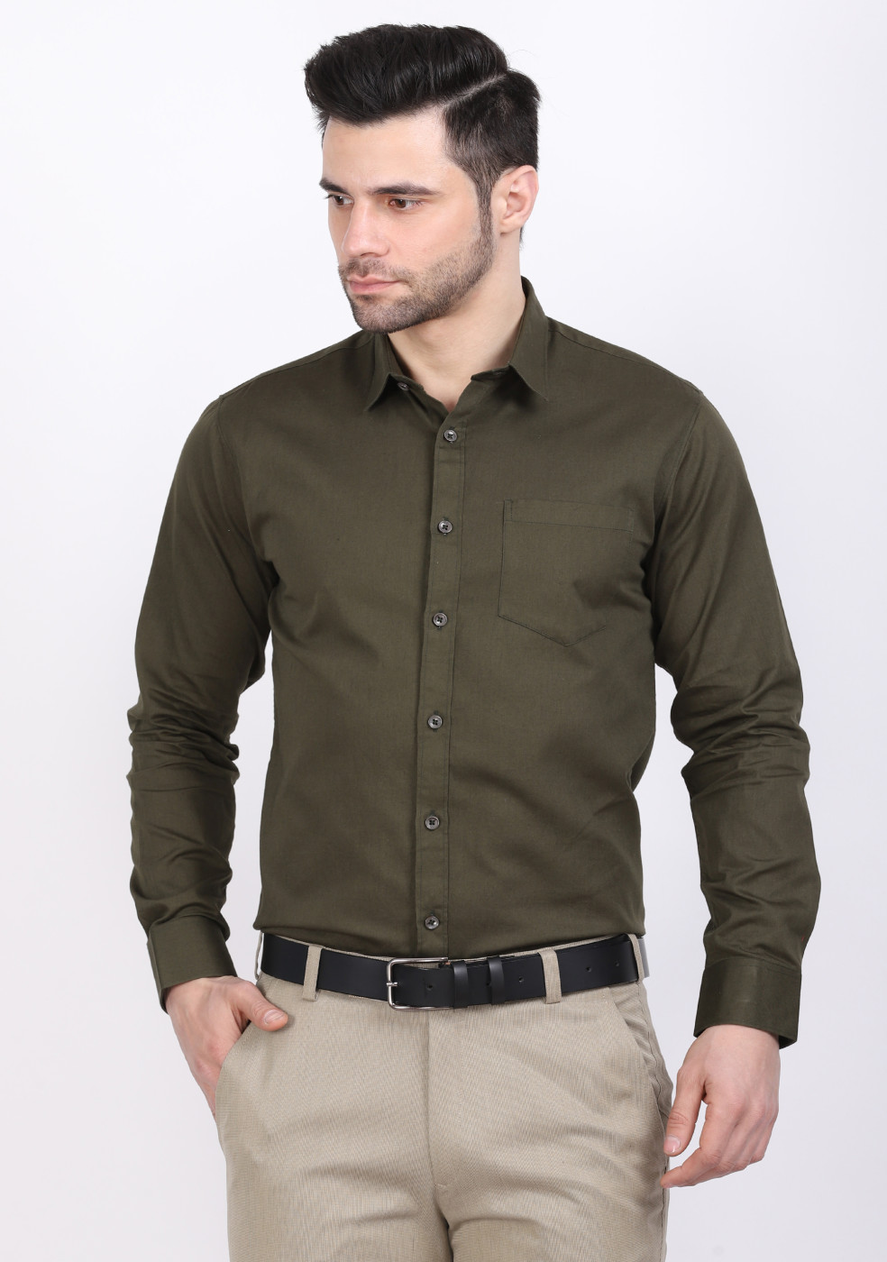ASHTOM Green Plain Formal Cotton Shirt For Men
