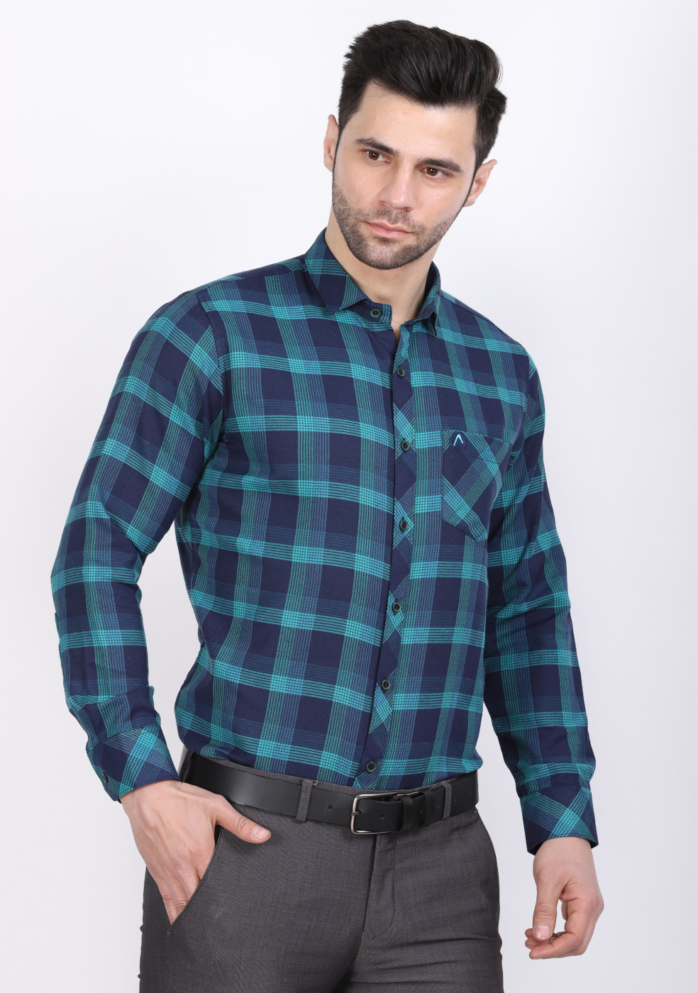 ASHTOM Blue & Green Check Shirt For Men