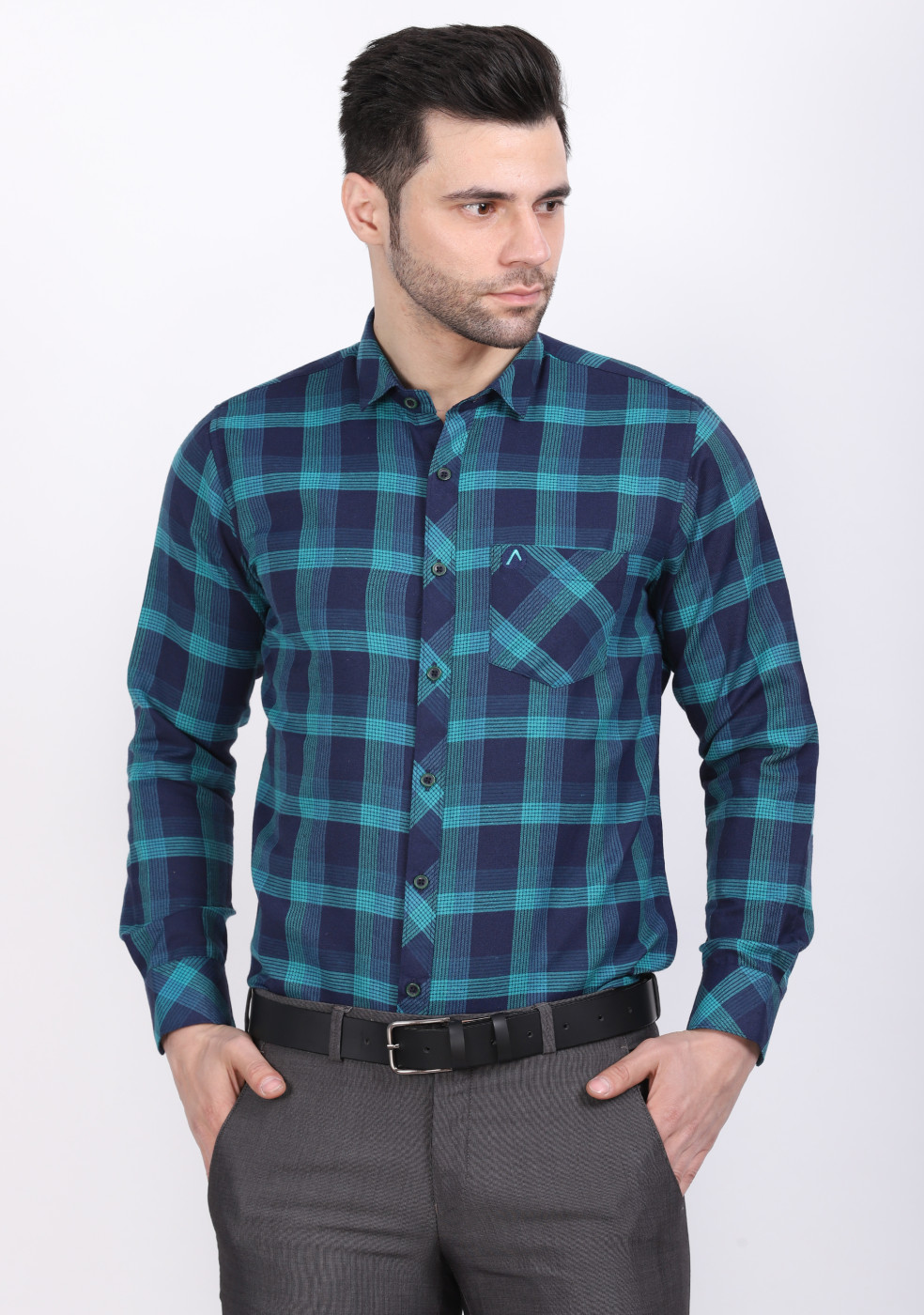 ASHTOM Blue & Green Check Shirt For Men