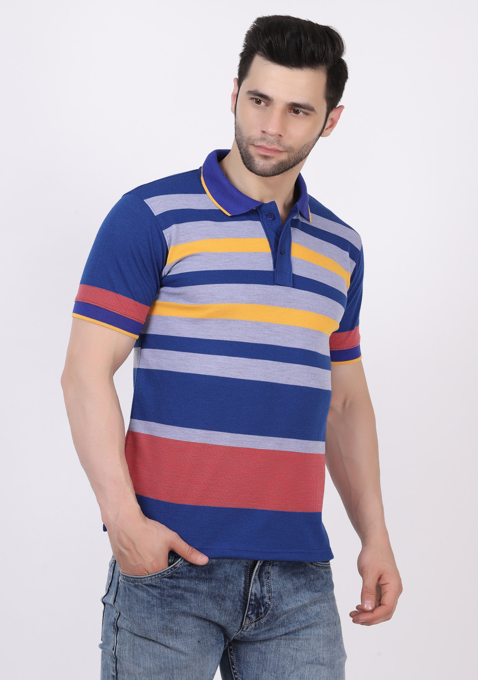 Striped Matty Cotton Collar Slim Fit Polo T-Shirts  For Men