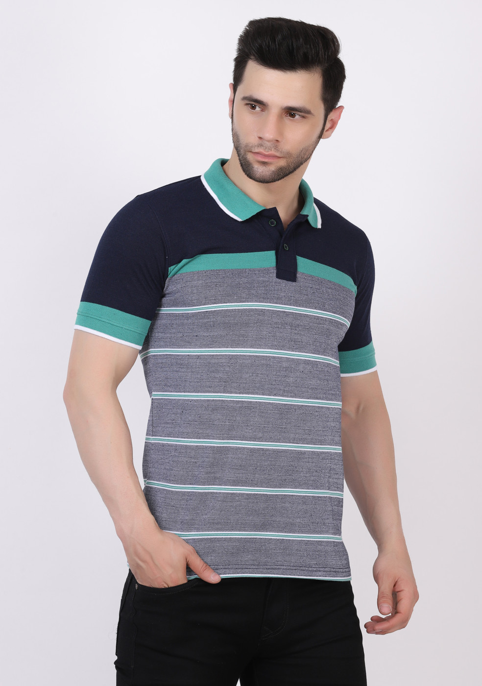 Matty Cotton Collar Striped Slim Fit Polo T-Shirts For Men