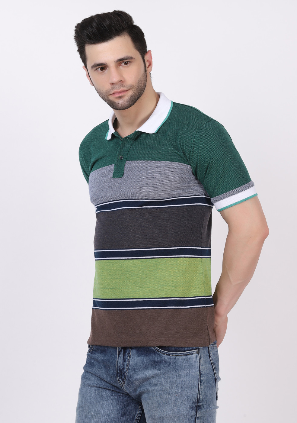 Striped Matty Cotton Collar Slim Fit Polo T-Shirt For Men
