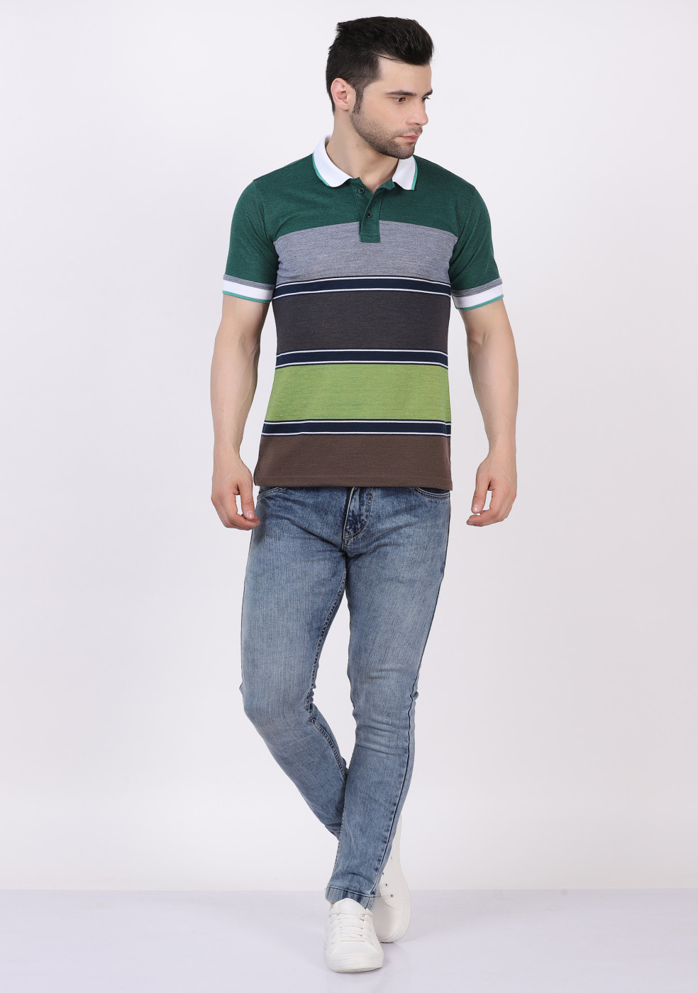 Striped Matty Cotton Collar Slim Fit Polo T-Shirt For Men