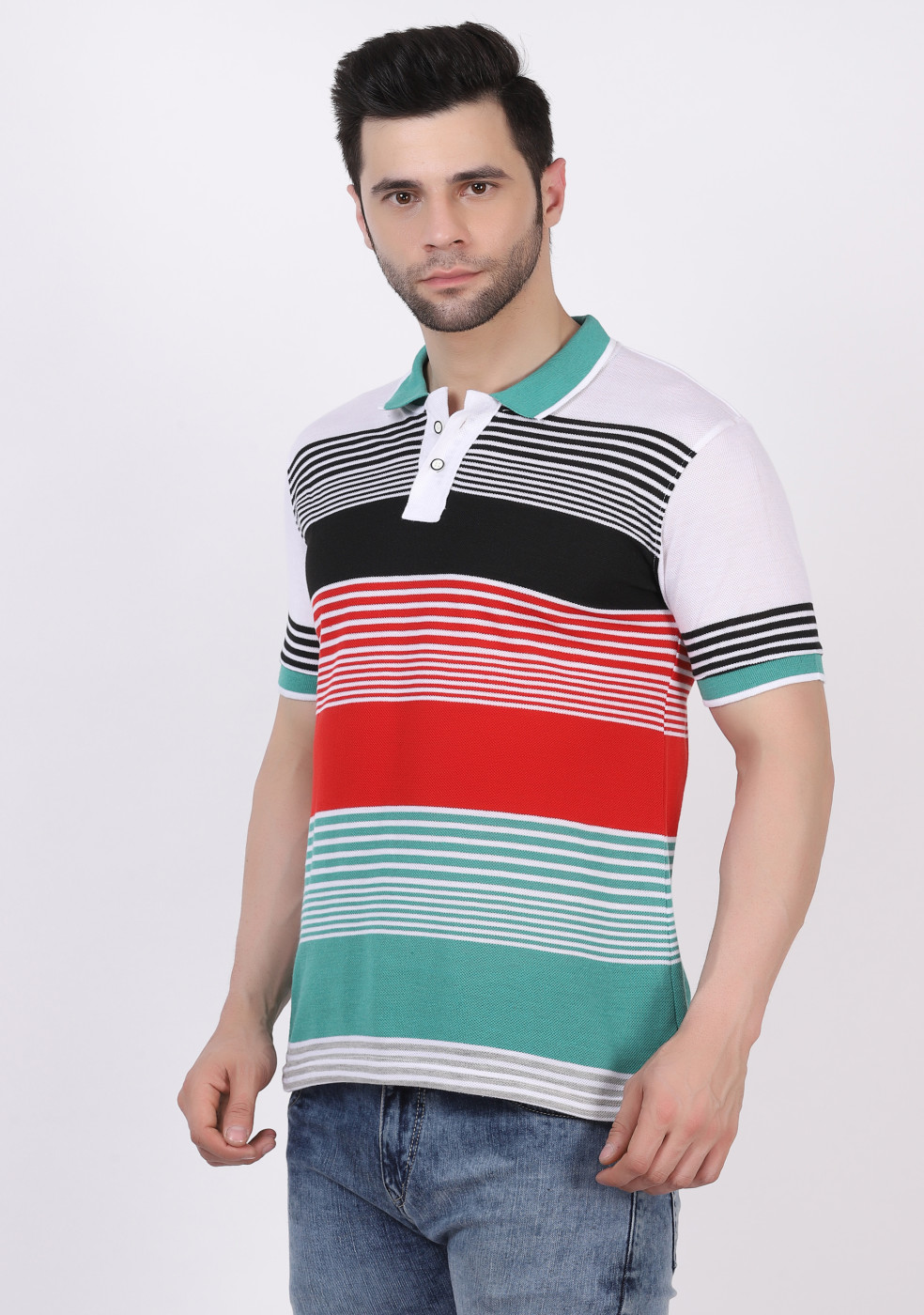 Striped Cotton Collar Slim Fit Polo T-Shirts For Men