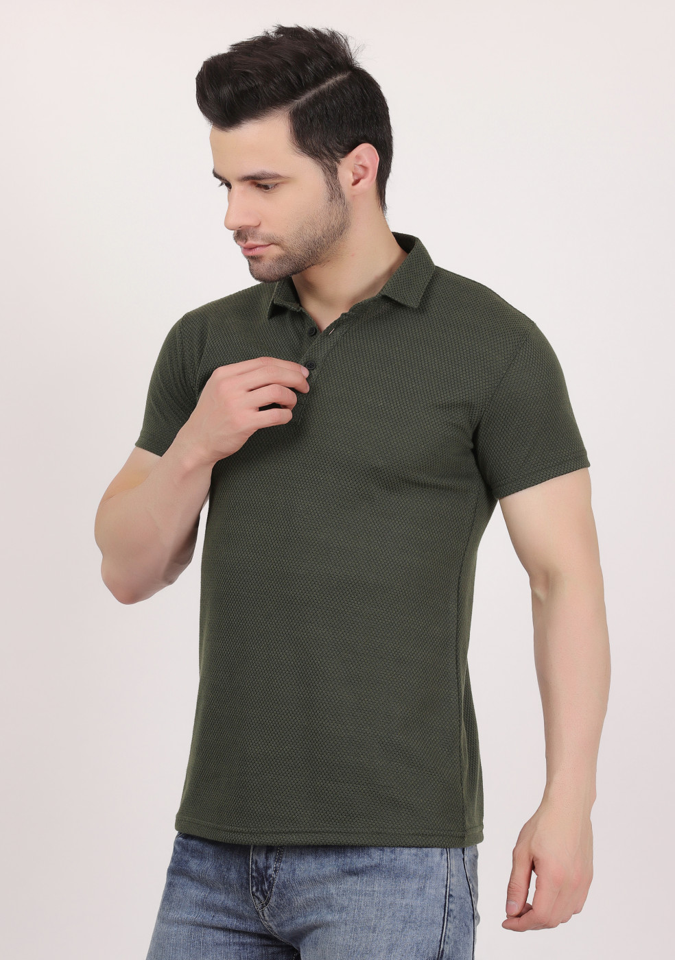 Popcorn Textured Casual Slim Fit Polo T Shirts For Men