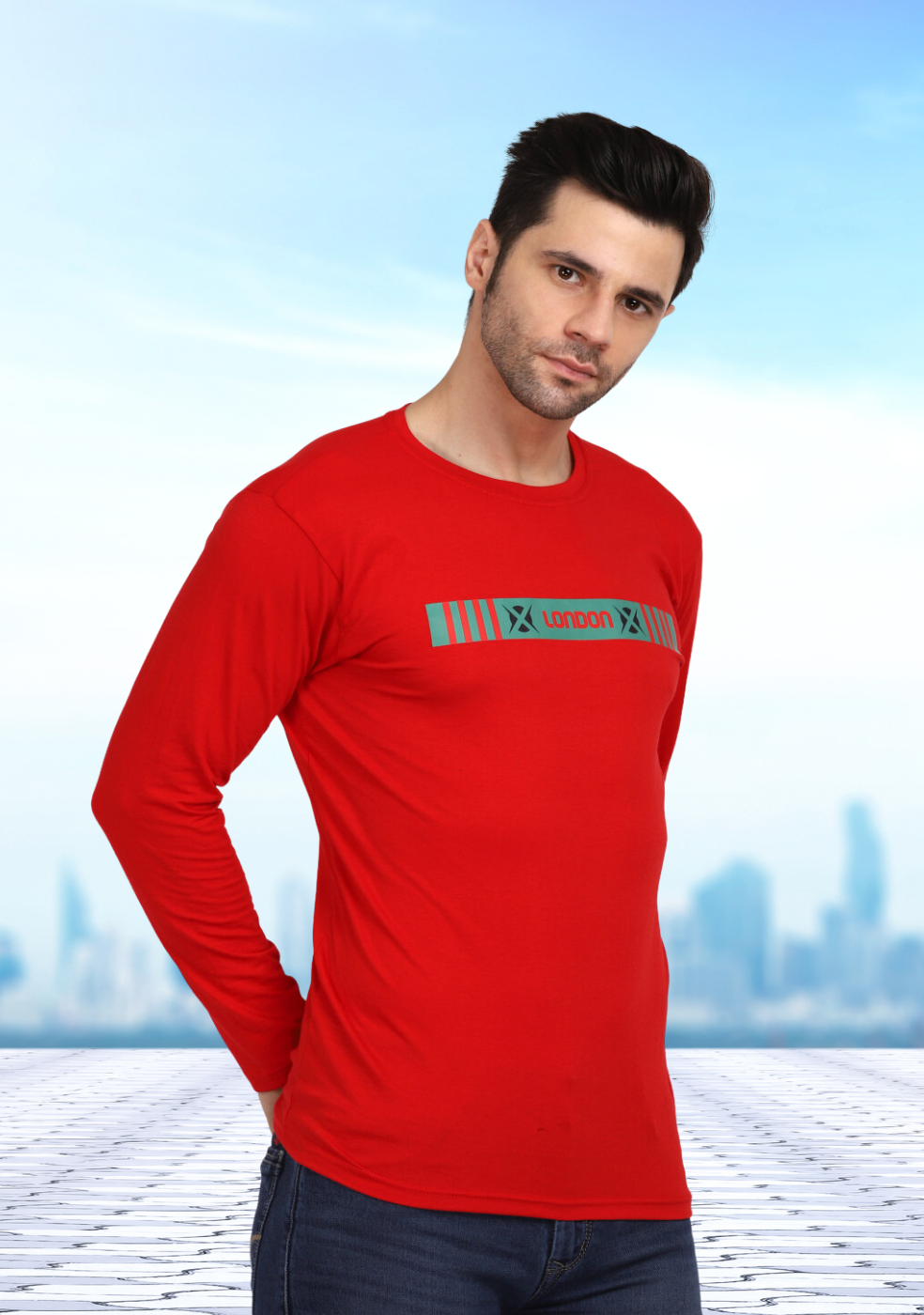 HUKH Red Slim Fit Cotton Lycra T Shirt Full Sleeve Round Neck For Men