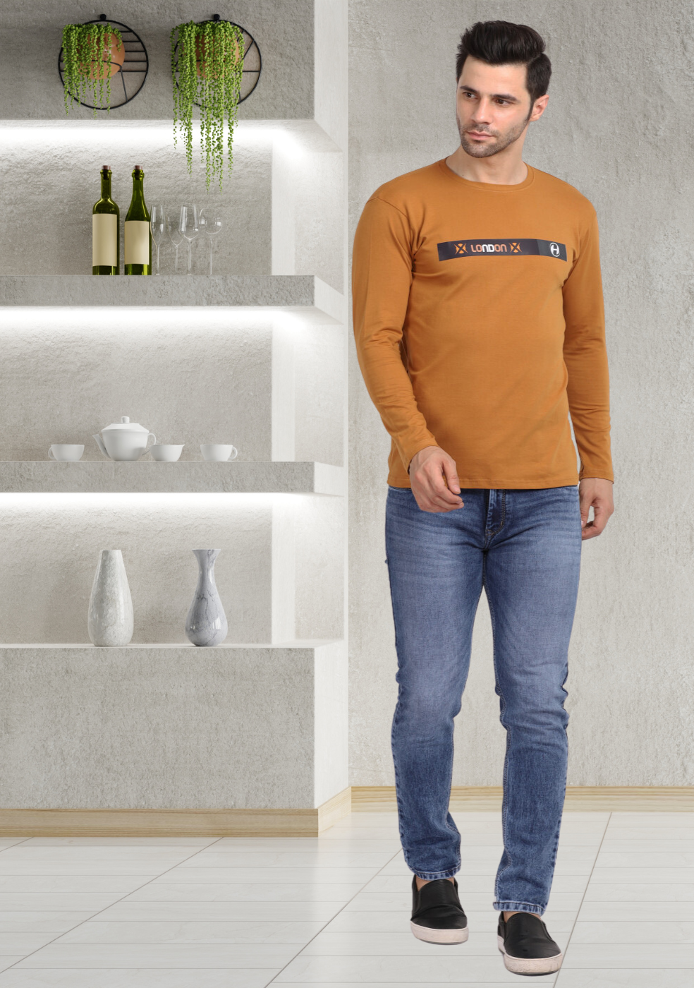 HUKH Full Sleeve Mustard Slim Fit T Shirt Cotton Lycra Fabric for Men