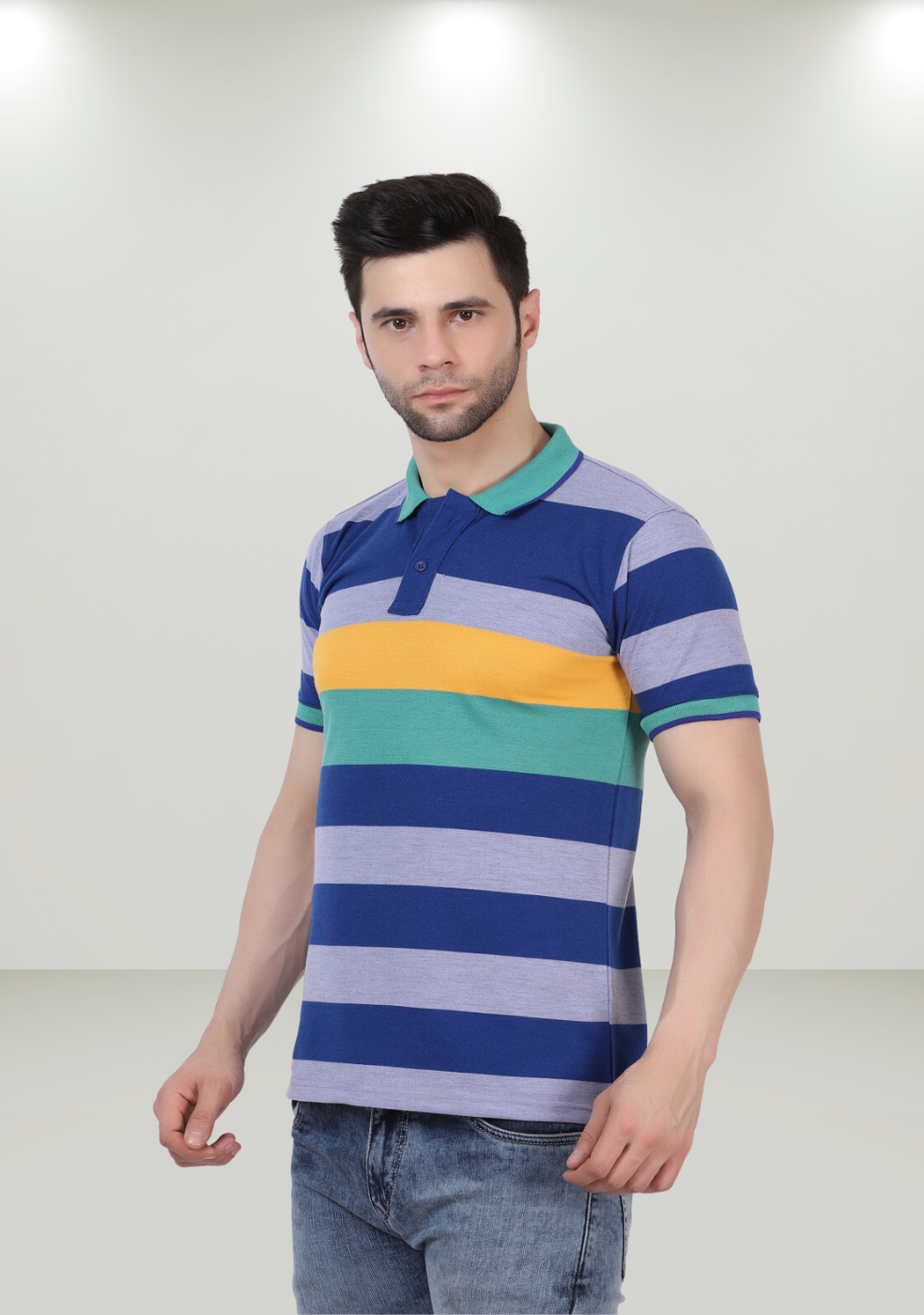 Striped Matty Cotton Collar Slim Fit Polo T-Shirts  For Men