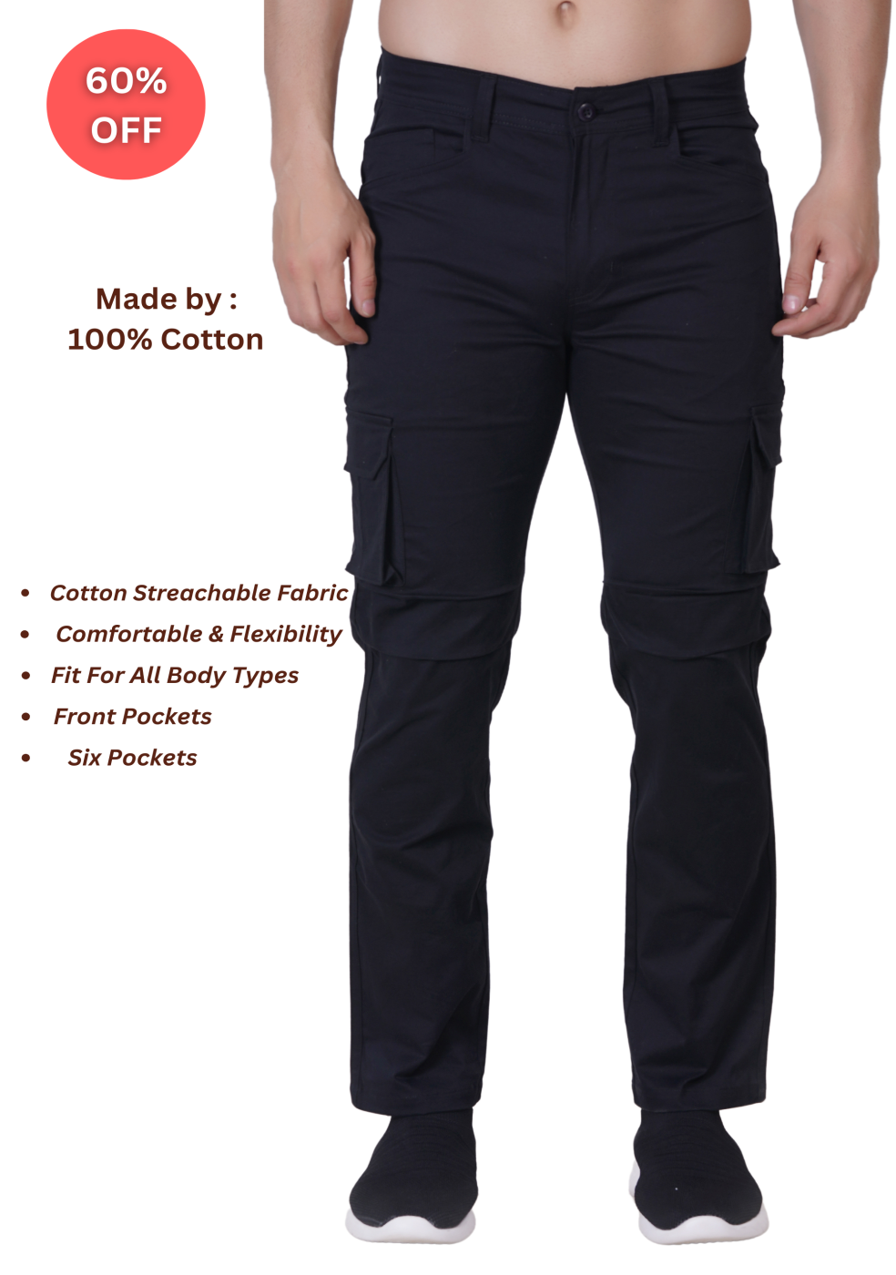 Men's Cotton Cargo Pants with 6 Pockets