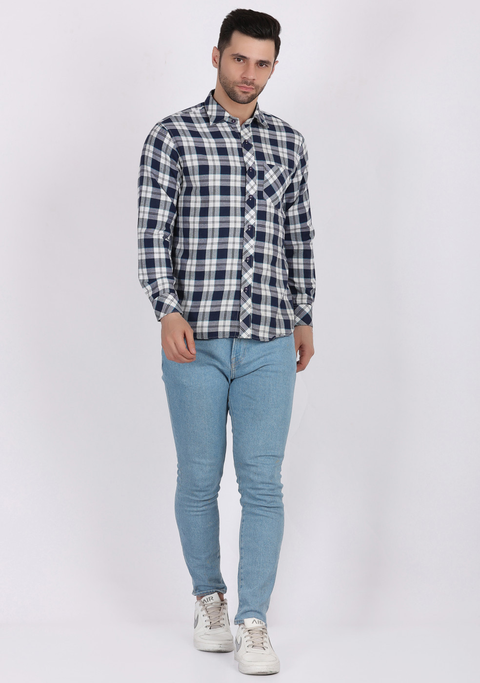 ASHTOM Navy White Check Shirt For Men