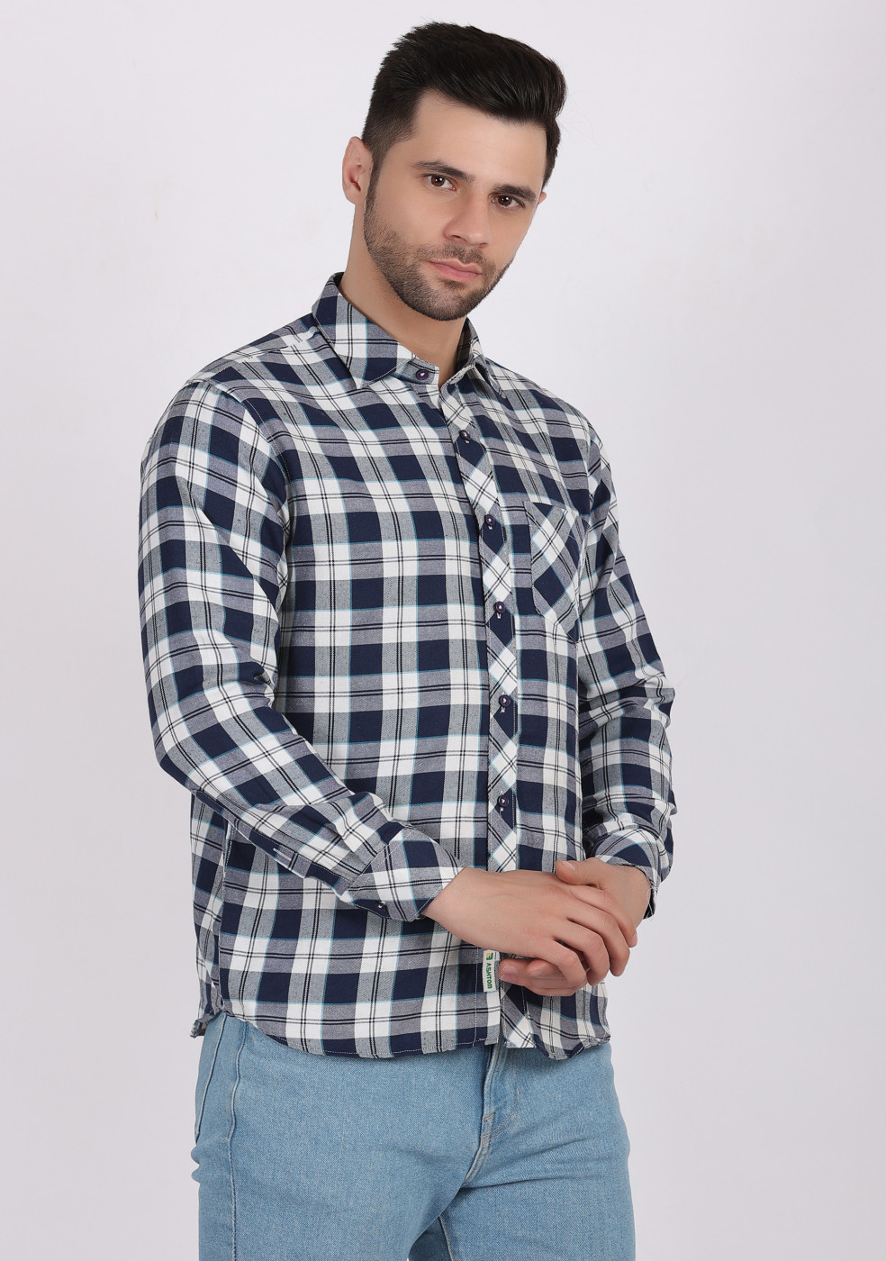 ASHTOM Navy White Check Shirt For Men