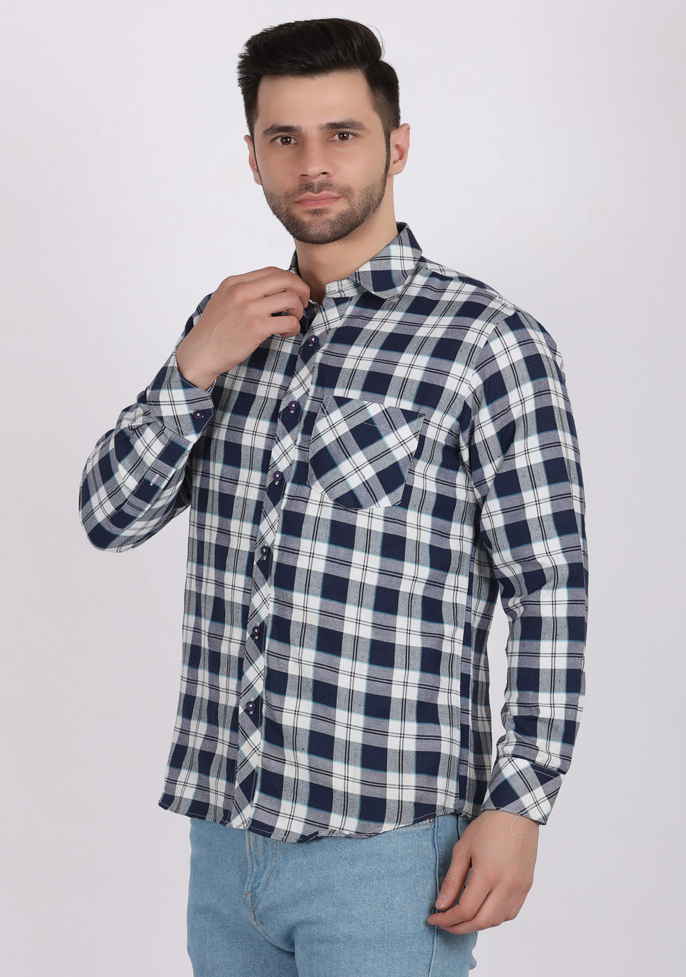 ASHTOM Navy White Check Shirt For Men