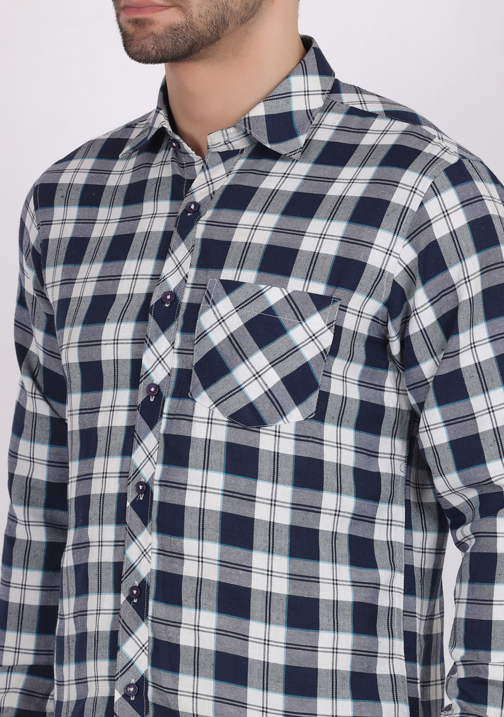 ASHTOM Navy White Check Shirt For Men