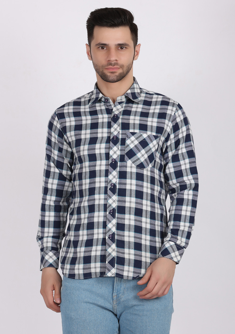 ASHTOM Navy White Check Shirt For Men